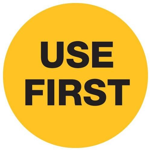 Label - Use First - Yellow / Black Round 40mm Removable (Rl500)